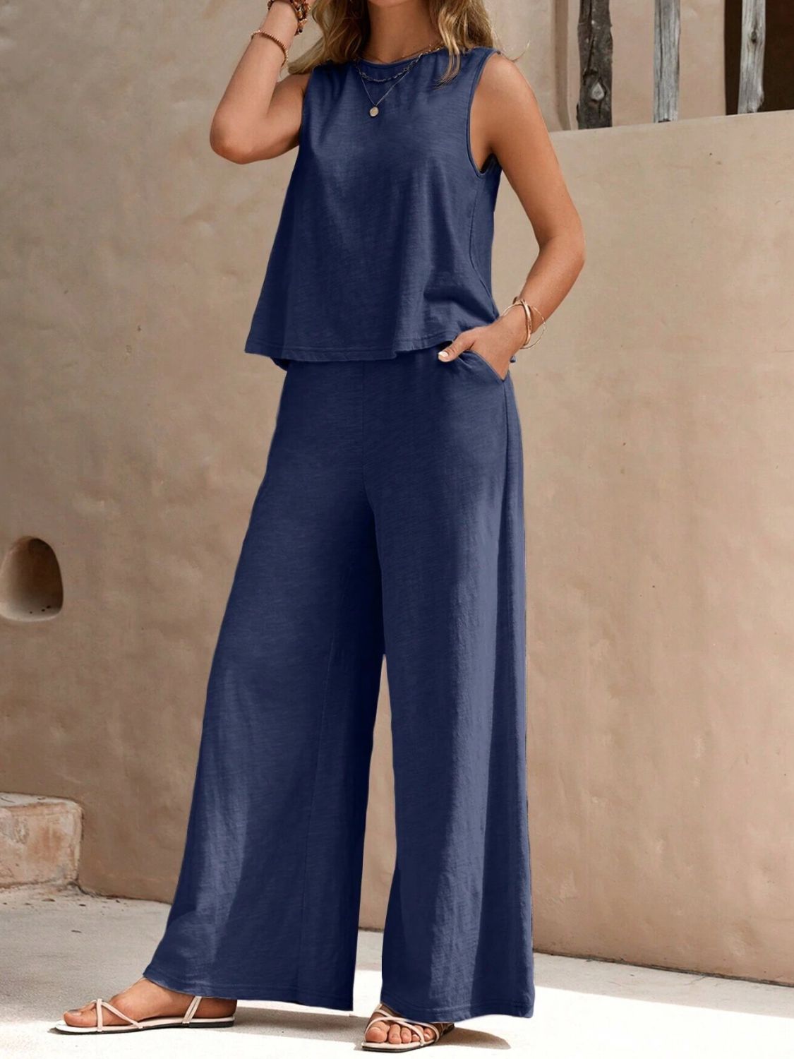 Round neck sleeveless top and wide leg pants set - dusty blue / s