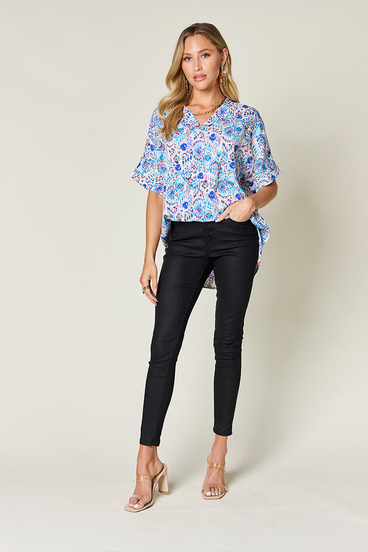 Double take full size printed v-neck short sleeve blouse