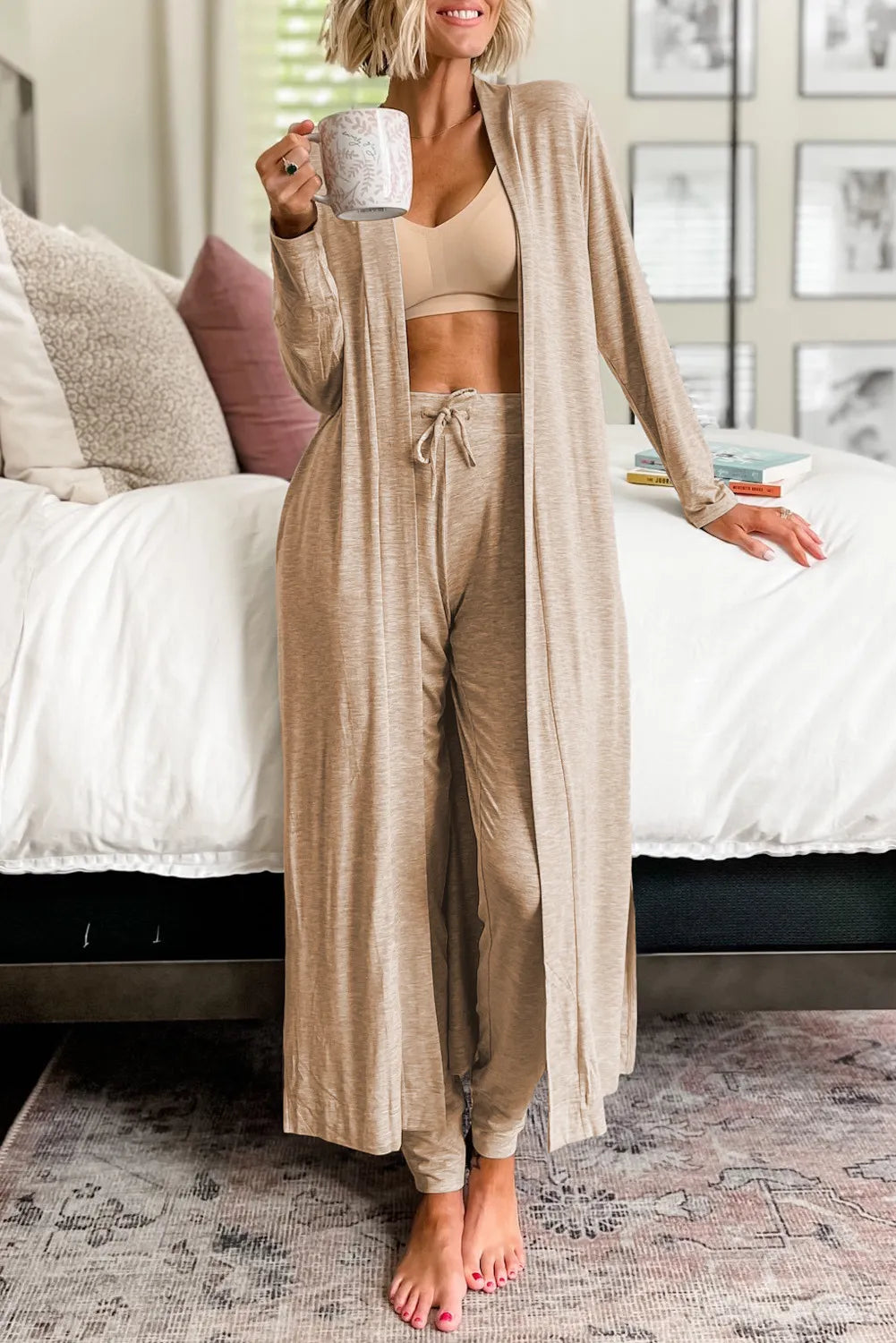 Open front long sleeve cardigan and pants lounge set - tan / l