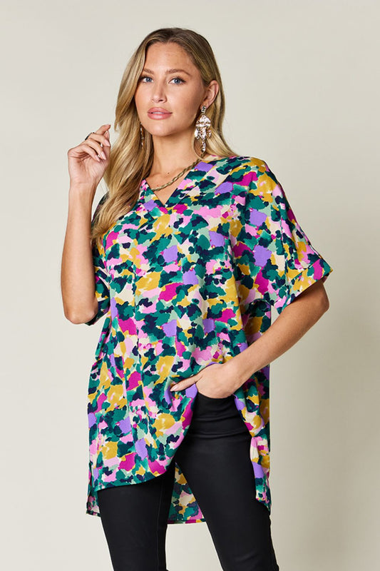 Double take full size printed v-neck short sleeve side slit top - green / s