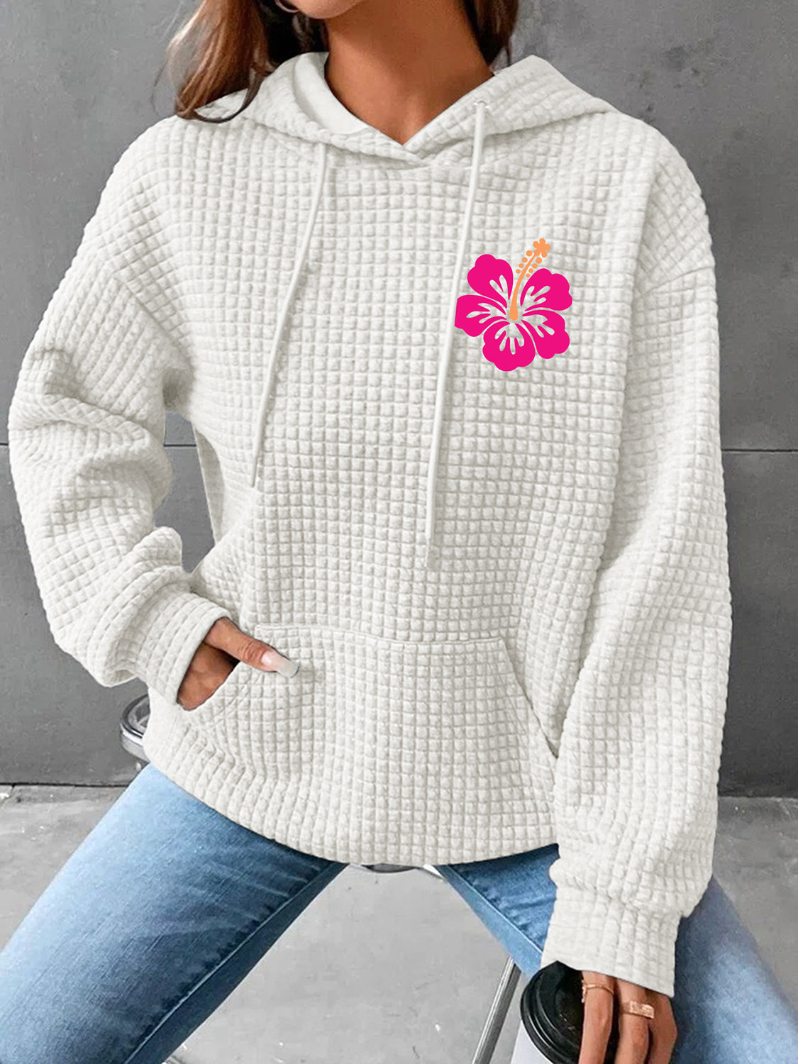 Full size flower graphic textured hoodie with pocket - white / s