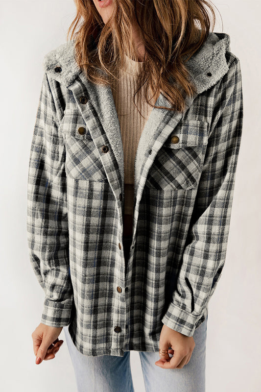 Plaid snap down hooded jacket - charcoal / s