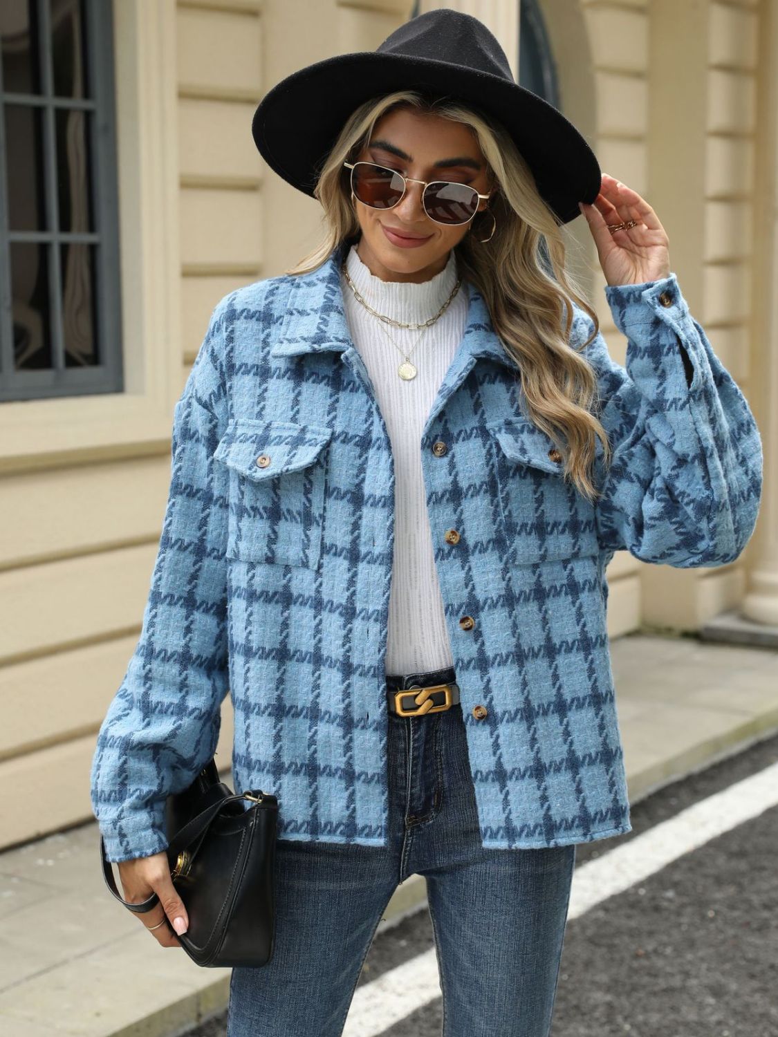 Plaid collared neck long sleeve jacket