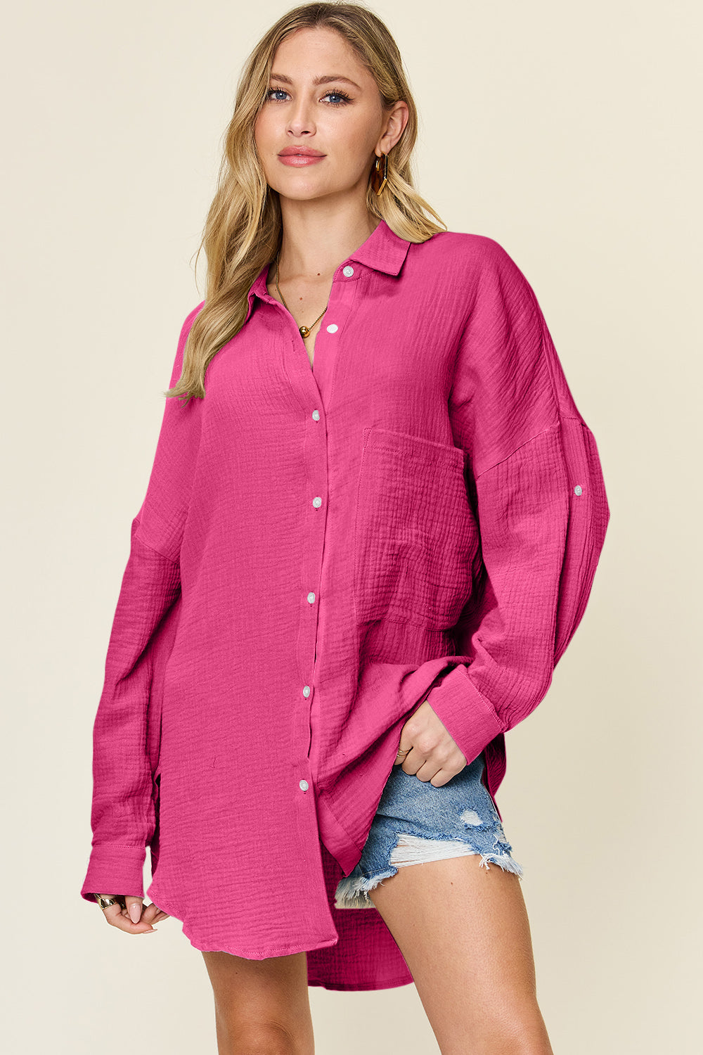 Double take full size pocketed texture button up shirt - hot pink / s