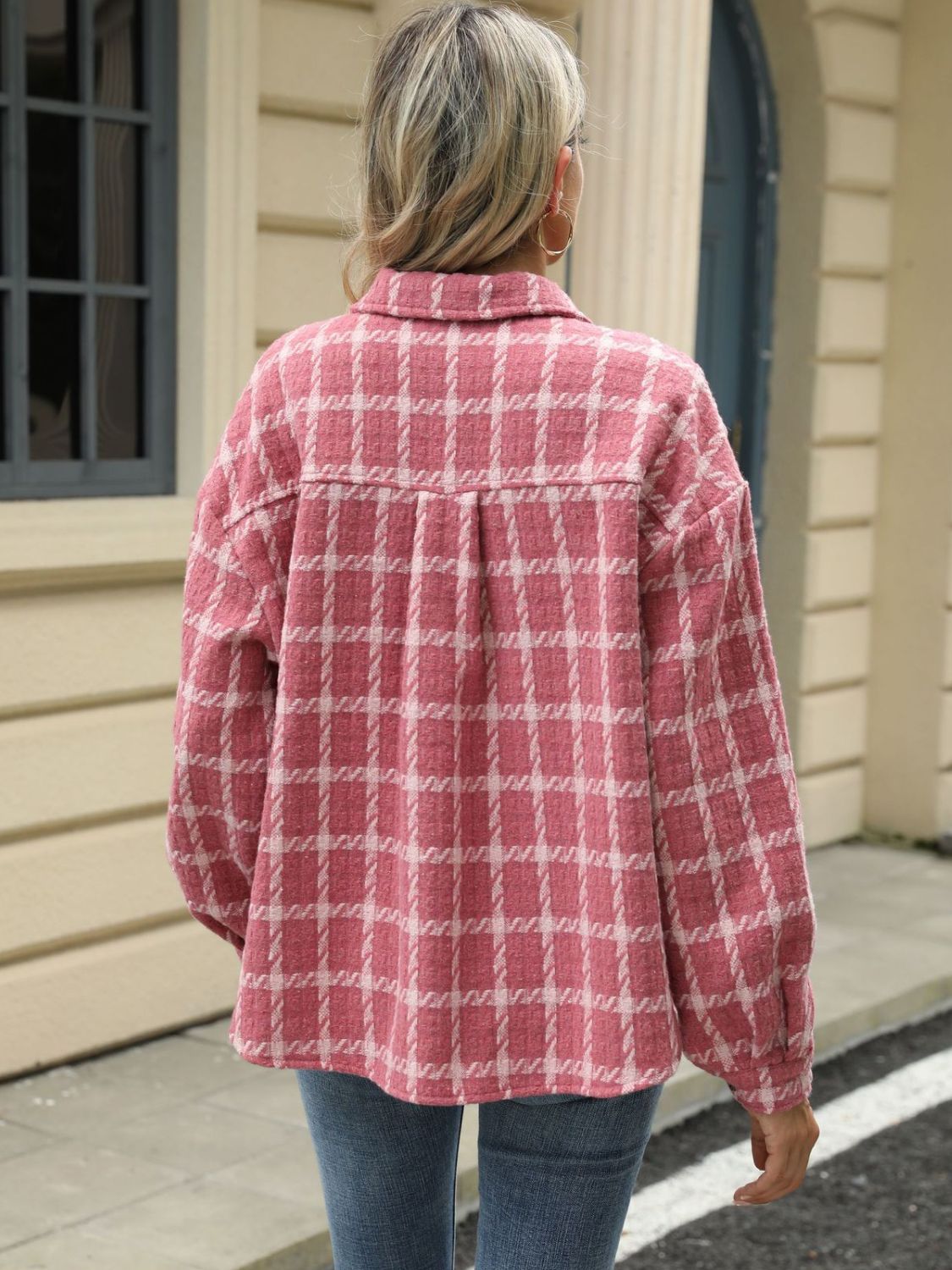 Plaid collared neck long sleeve jacket