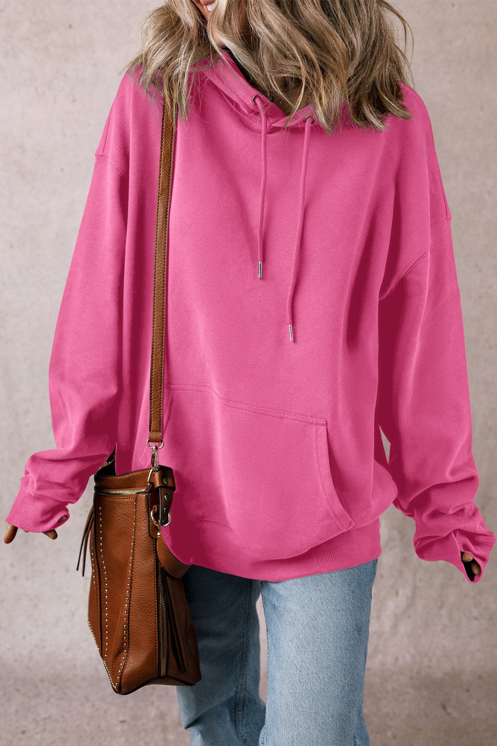 Drawstring pocketed long sleeve hoodie - pink / s