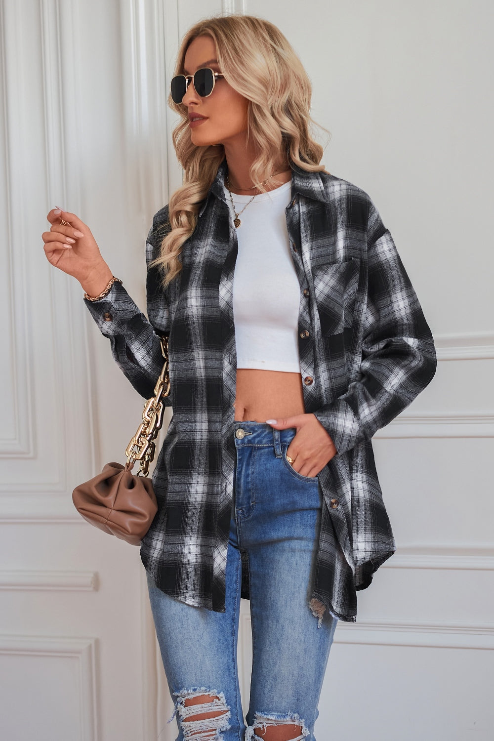 Plaid button up dropped shoulder outerwear