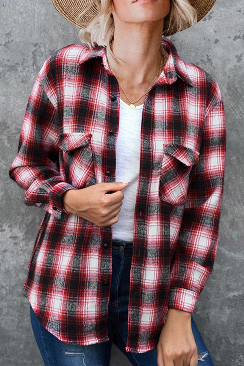 Full size plaid collared neck long sleeve shirt