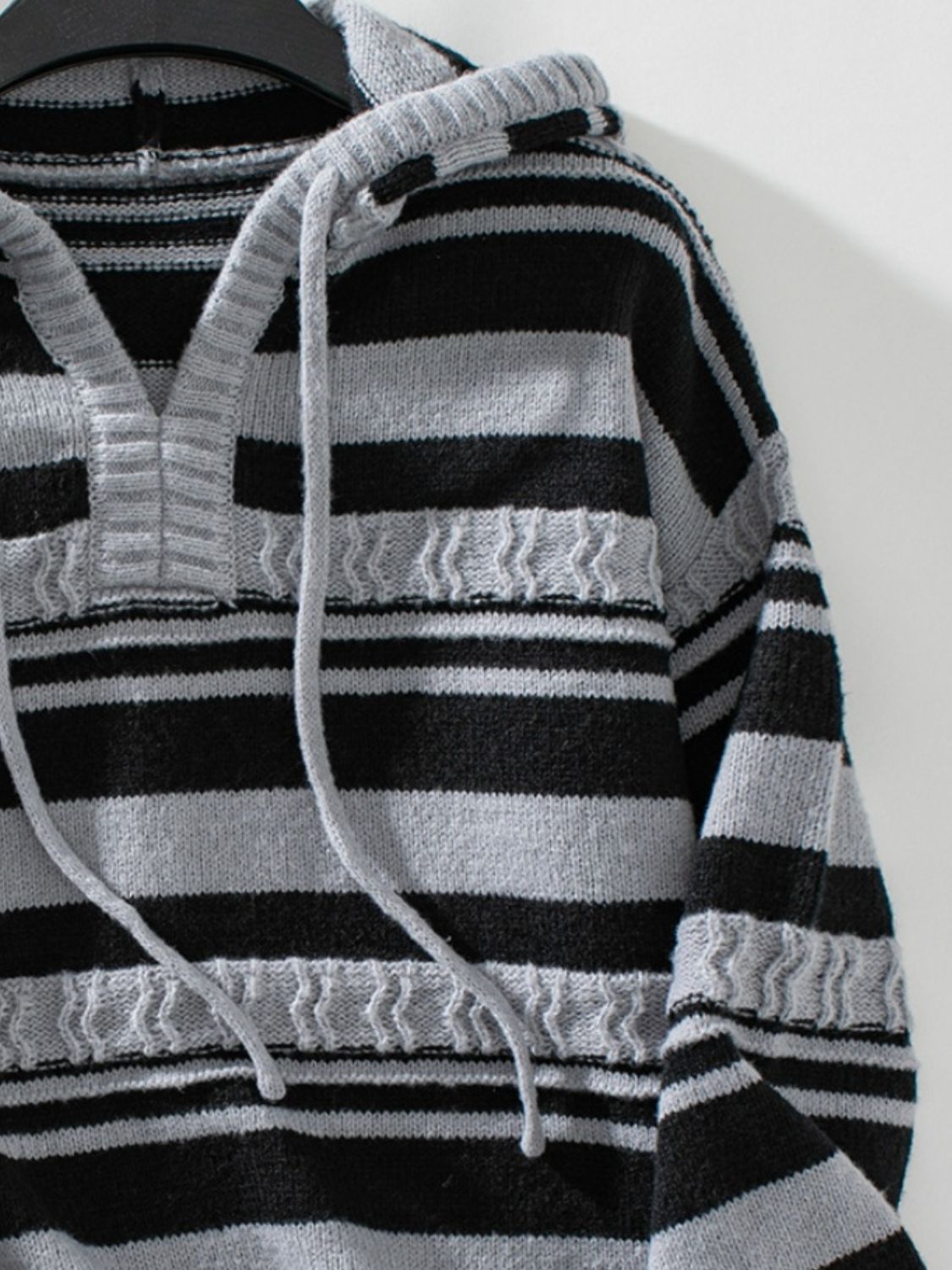 Drawstring striped long sleeve hooded sweater