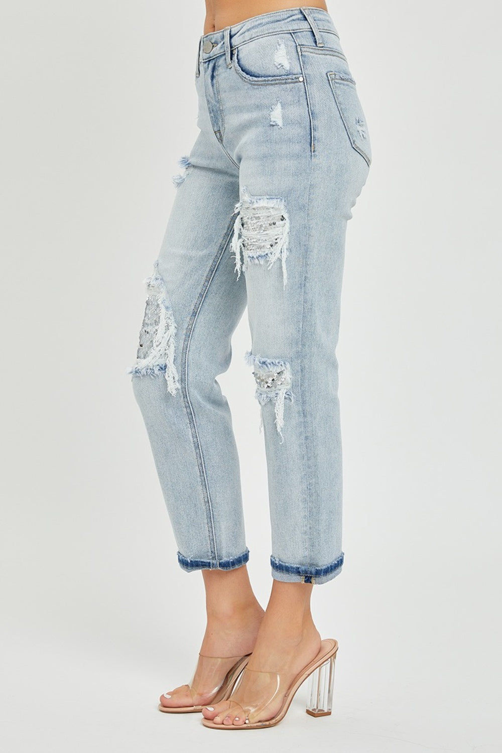 Risen mid-rise sequin patched jeans