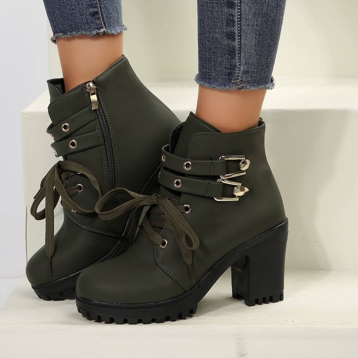 Pu leather round toe block heel boots