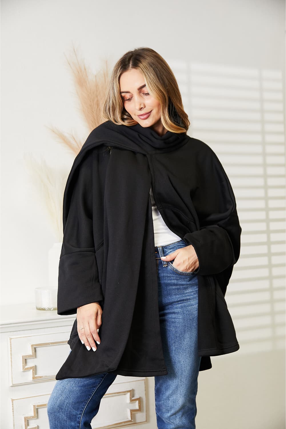 Heyson full size open front cardigan with scarf design - black / s/m