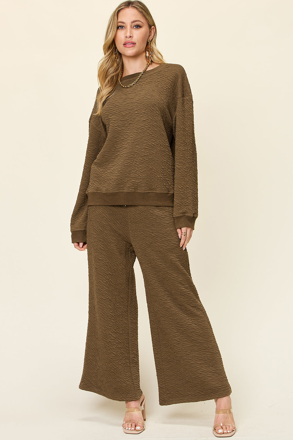 Double take full size texture long sleeve top and pants set - taupe / s