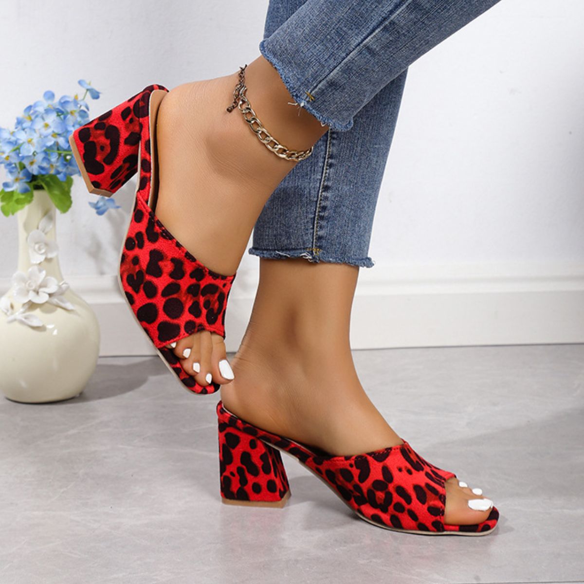 Leopard block heel suede sandals