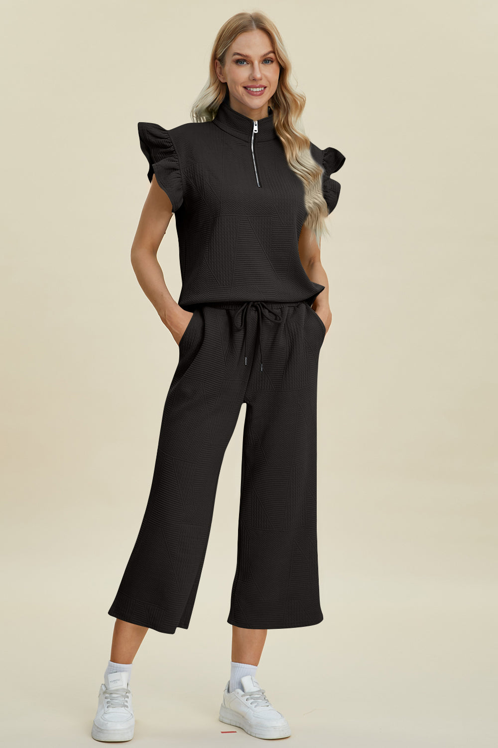 Double take full size texture ruffle short sleeve top and wide leg pants set - black / s