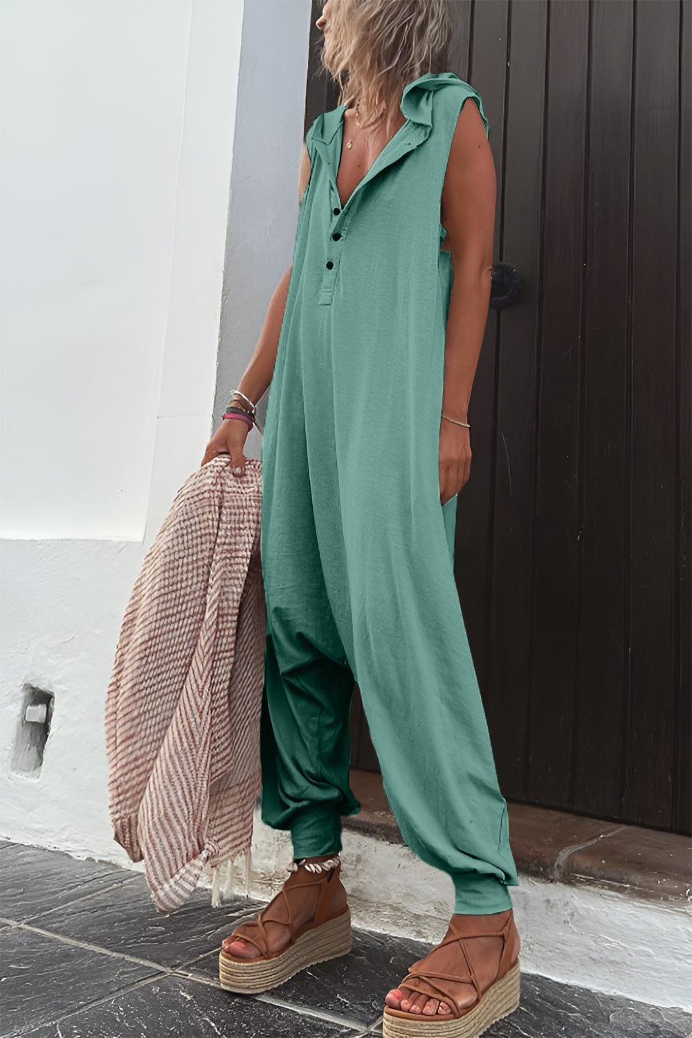 Full size half button sleeveless jumpsuit