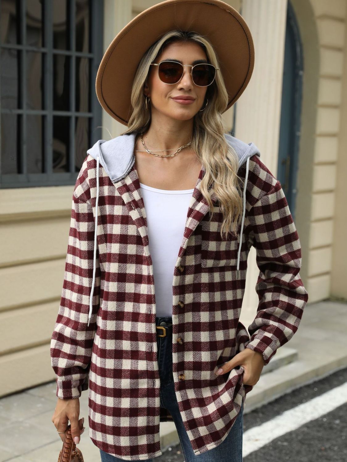 Drawstring plaid long sleeve hooded jacket