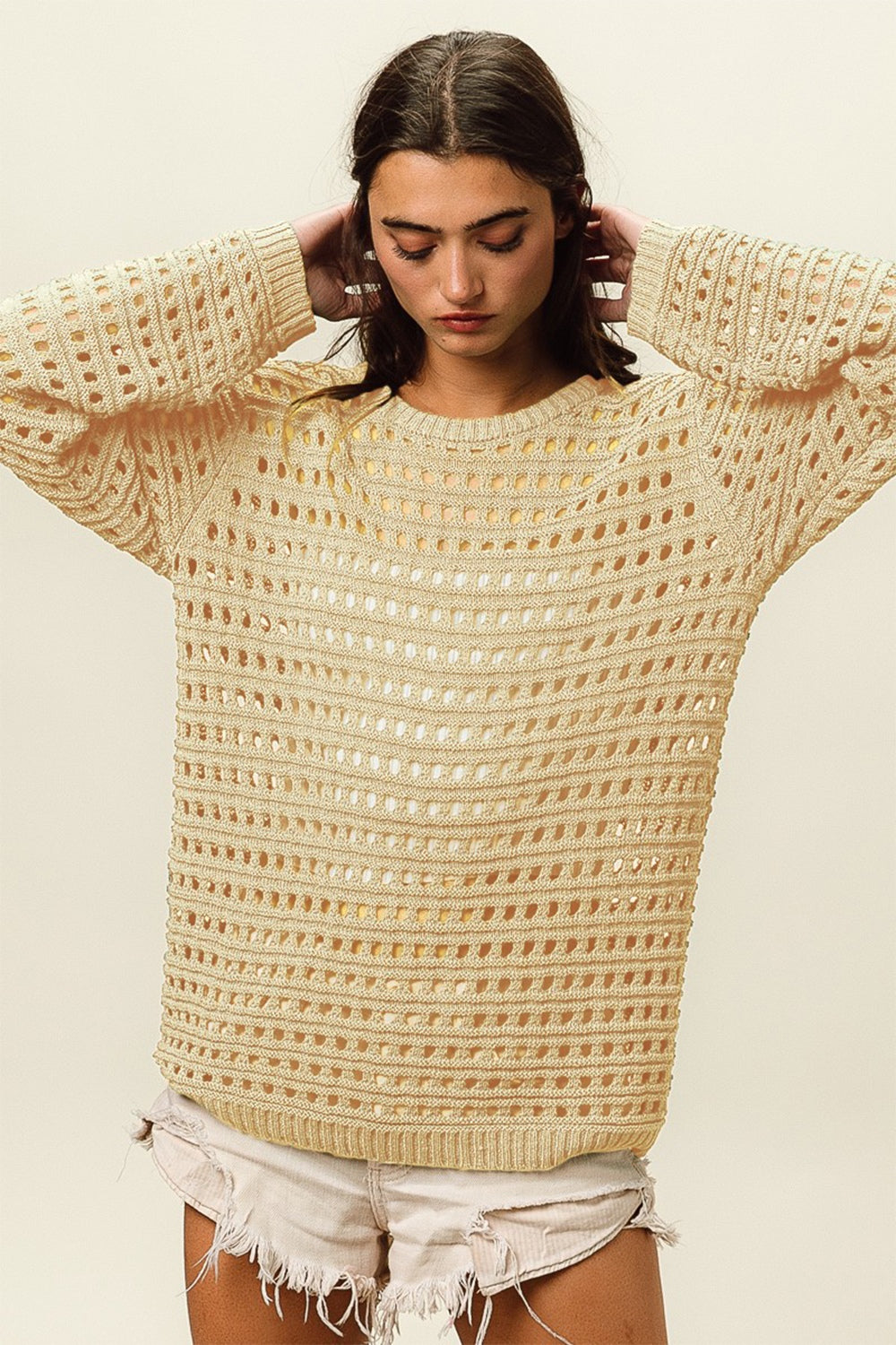 Bibi round neck openwork knit cover up - oatmeal / s