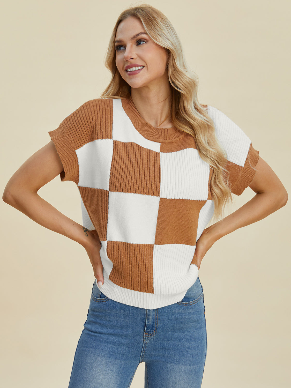 Double take full size checkered round neck short sleeve sweater