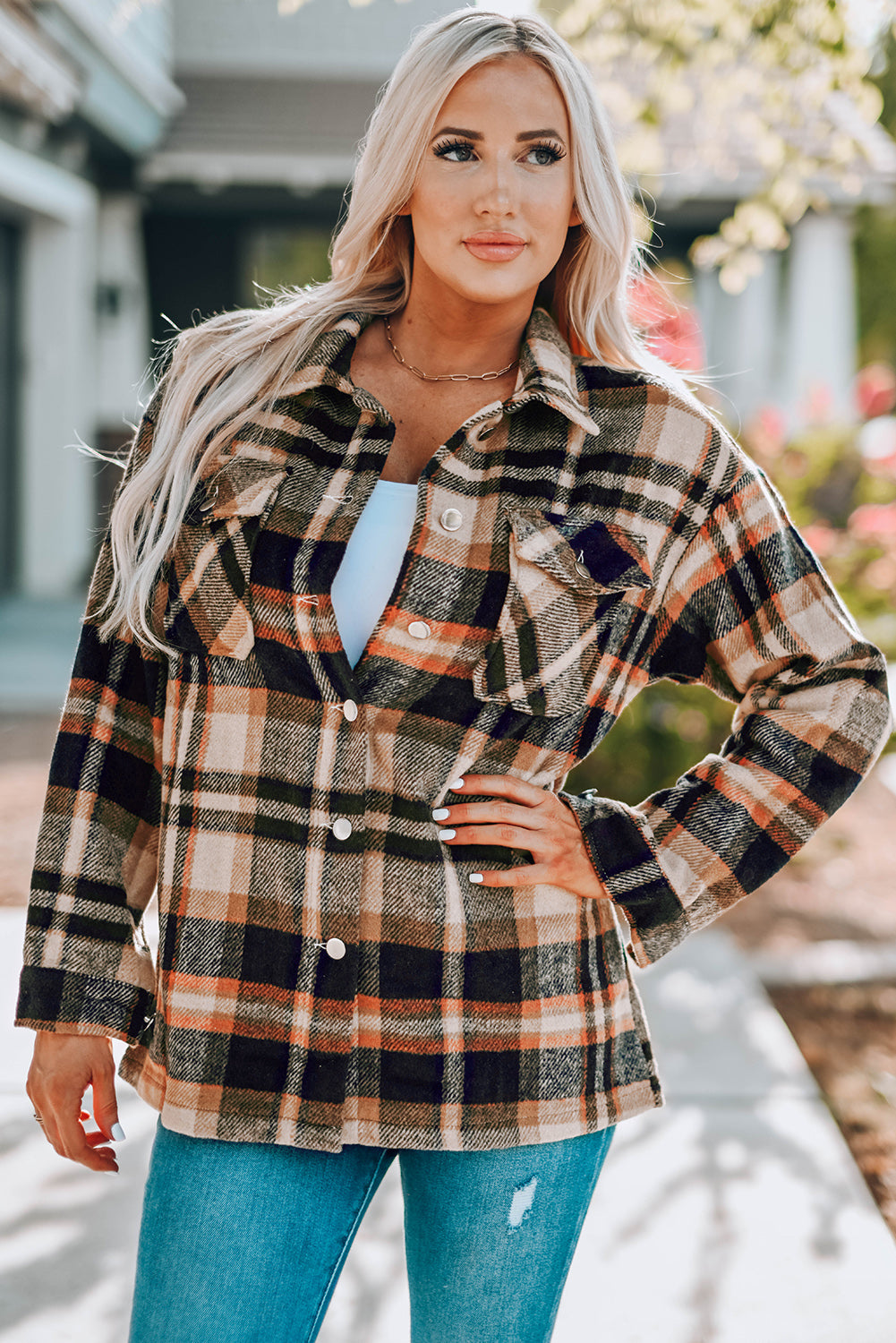 Double take plaid button front shirt jacket with breast pockets