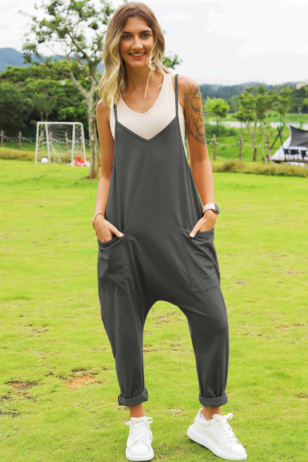 Double take full size sleeveless v-neck pocketed jumpsuit