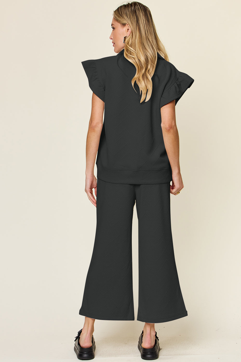 Double take texture ruffle short sleeve top and drawstring wide leg pants set