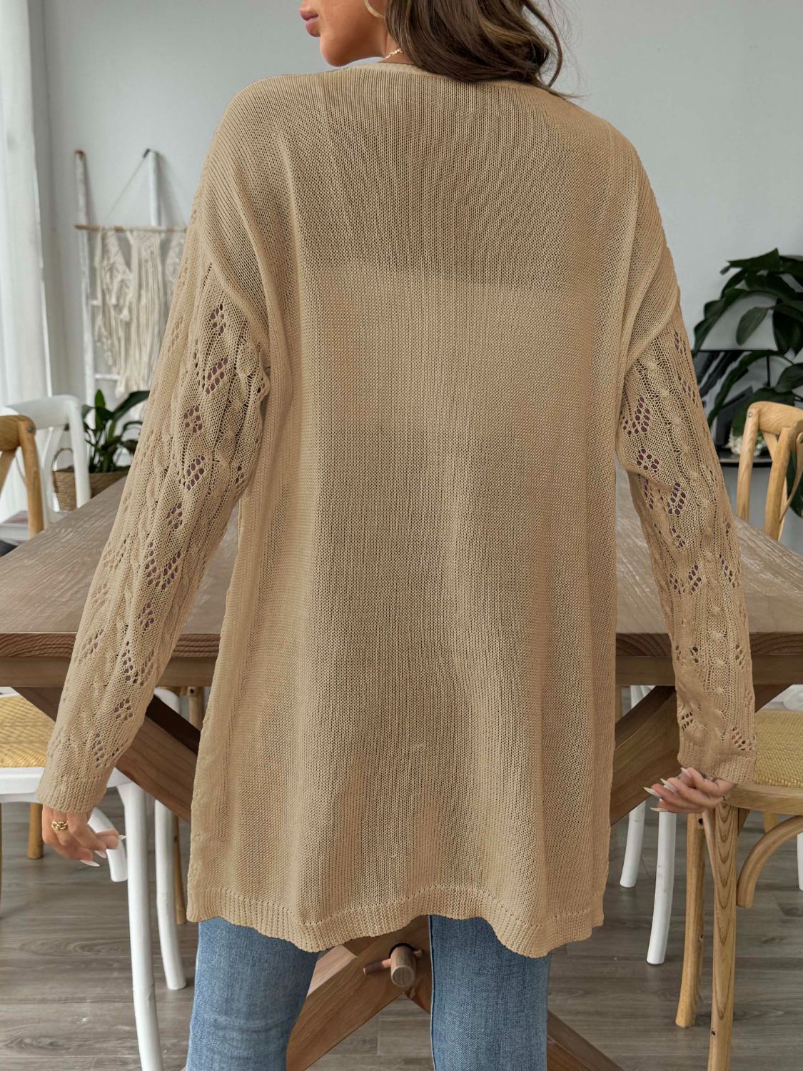 Openwork open front long sleeve cardigan