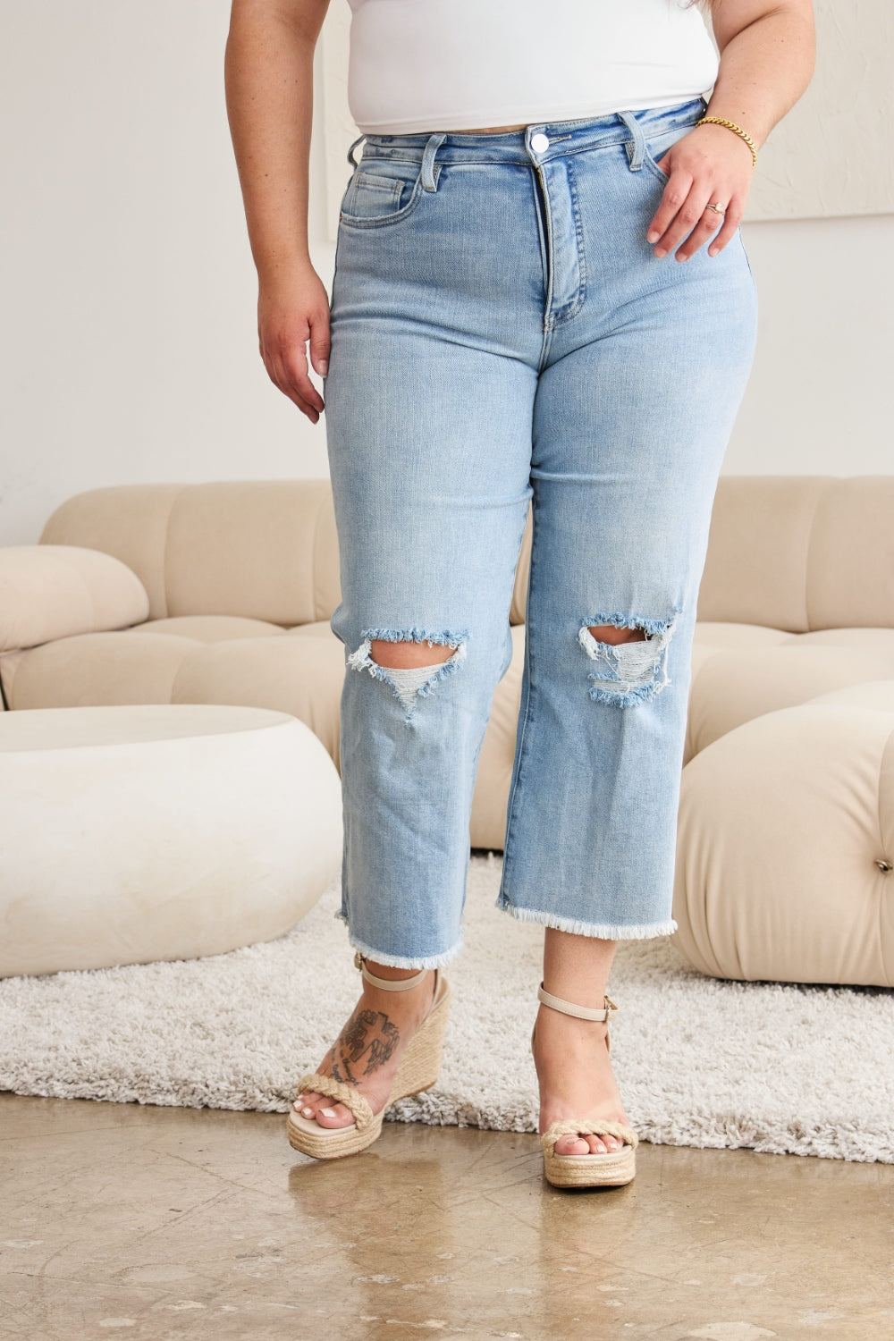 Rfm full size tummy control high waist raw hem distressed jeans