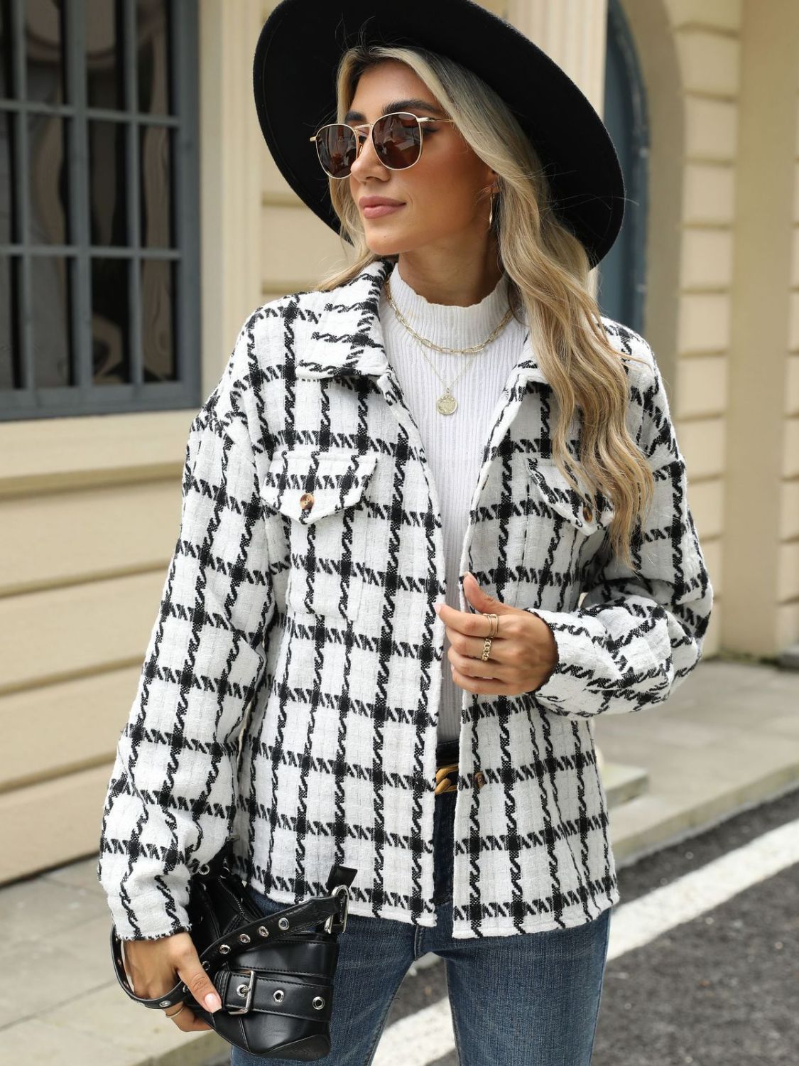 Plaid collared neck long sleeve jacket