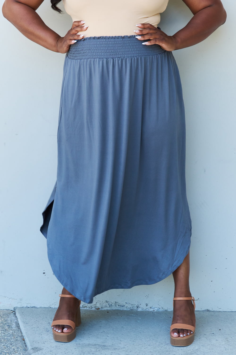 Doublju comfort princess full size high waist scoop hem maxi skirt in dusty blue