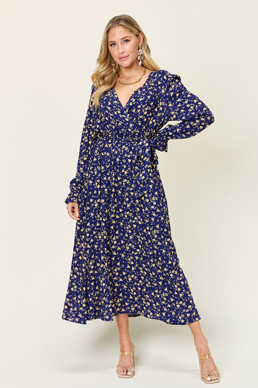 Double take full size tie back flounce sleeve dress - dark blue / s