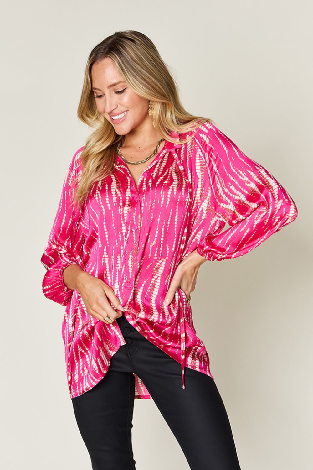 Double take full size printed button up long sleeve shirt