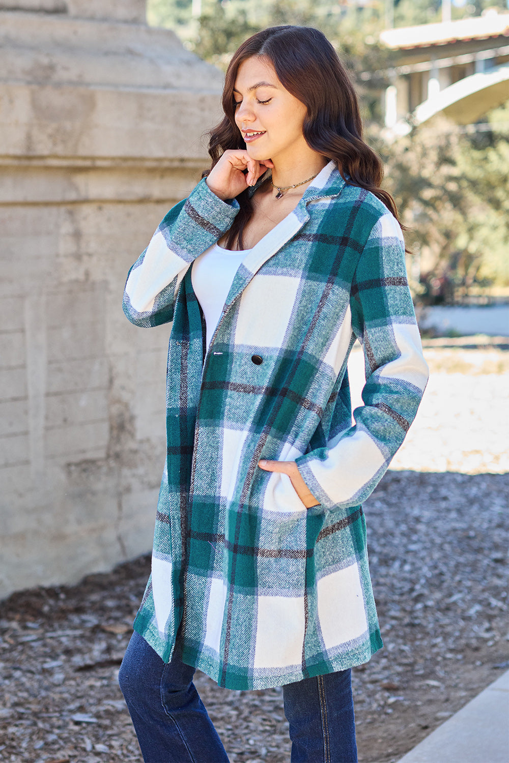 Double take full size plaid button up lapel collar coat