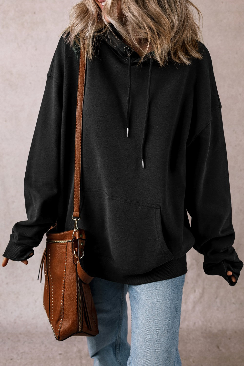 Drawstring pocketed long sleeve hoodie