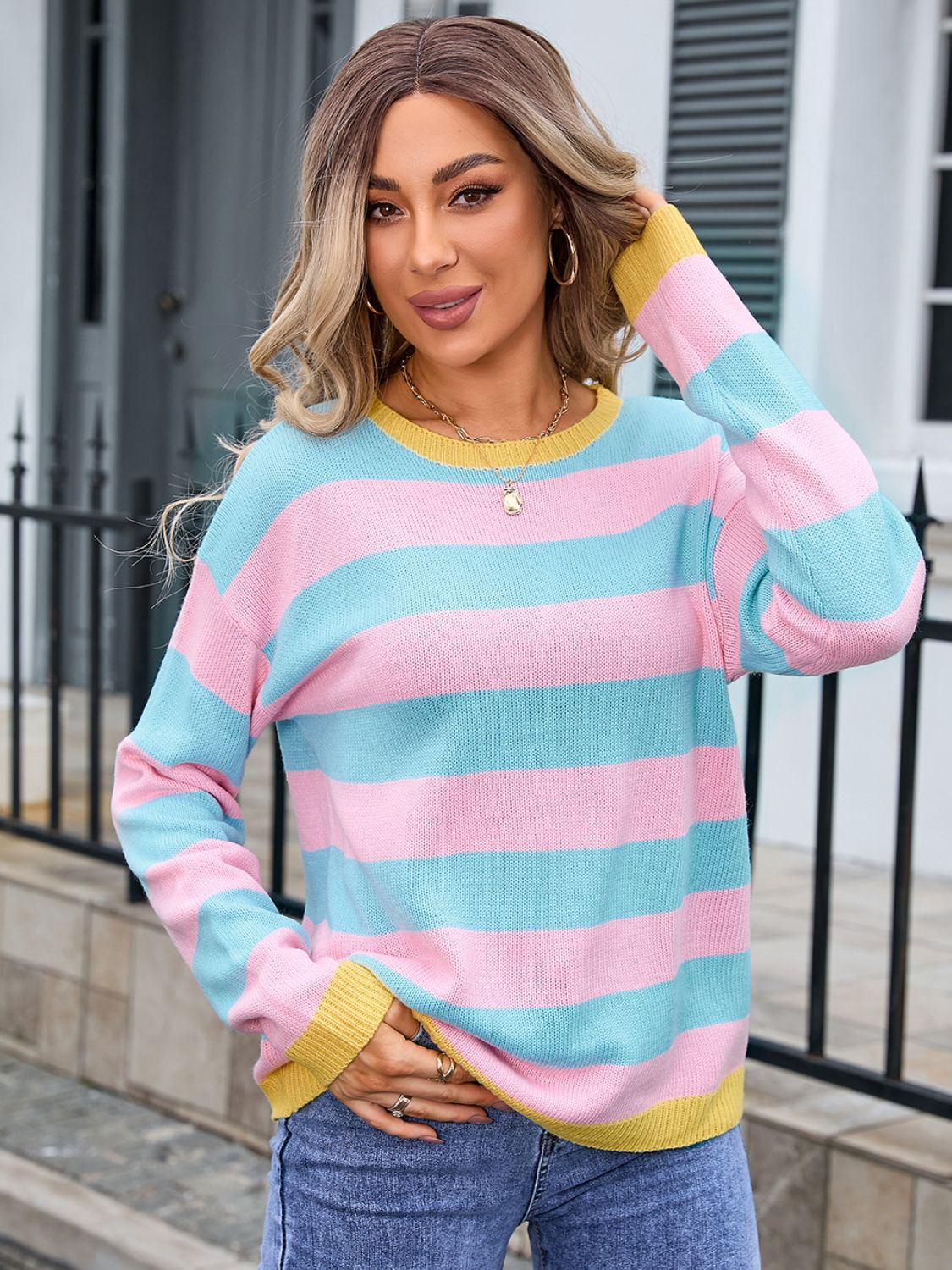 Striped round neck dropped shoulder sweater - blush pink / s