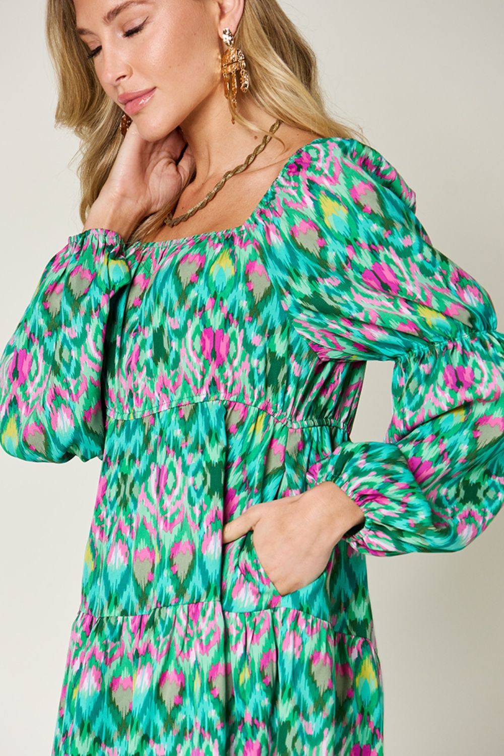 Double take full size printed long sleeve dress