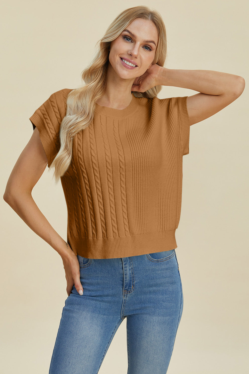 Double take full size cable-knit round neck short sleeve sweater