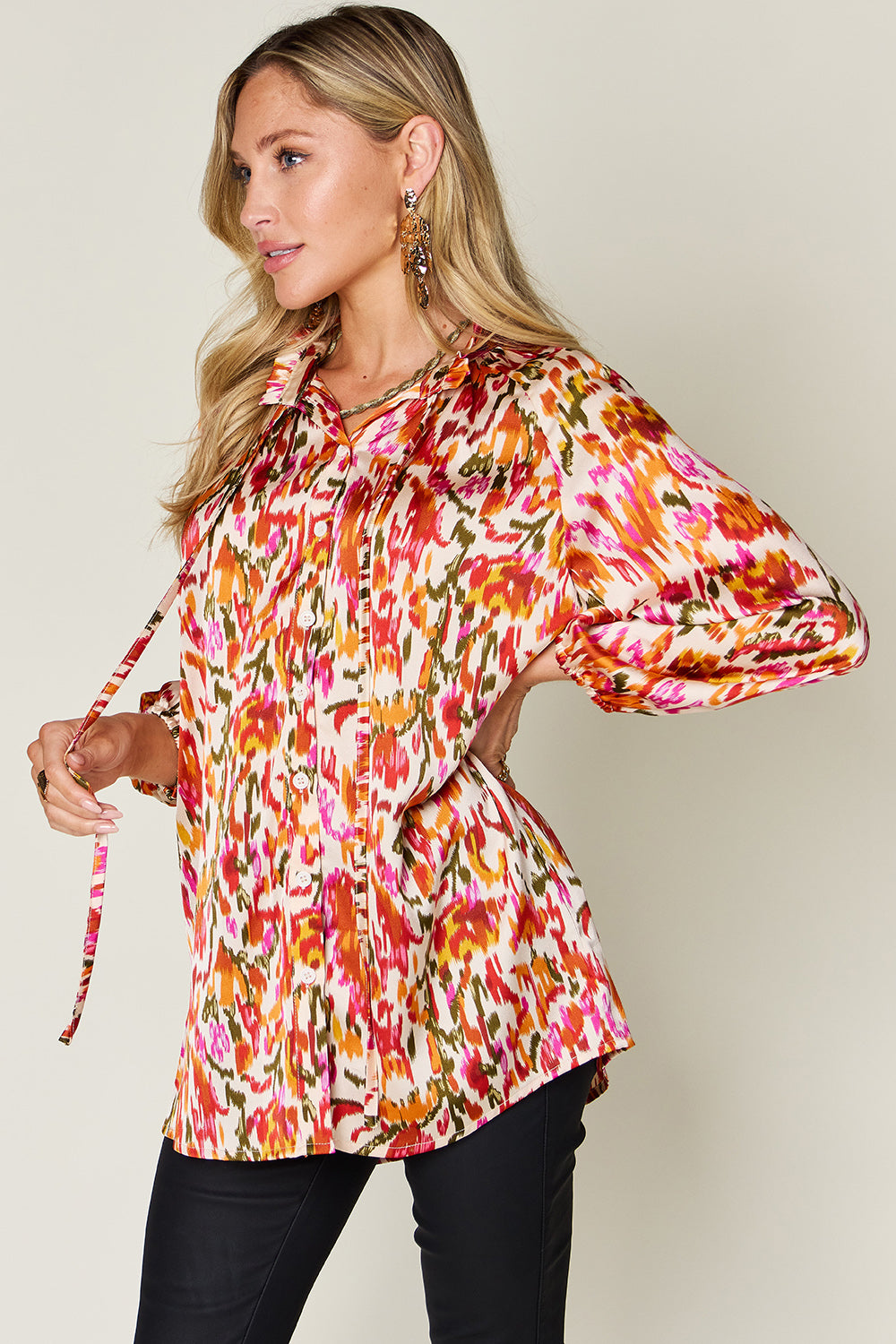 Double take full size printed button up long sleeve shirt