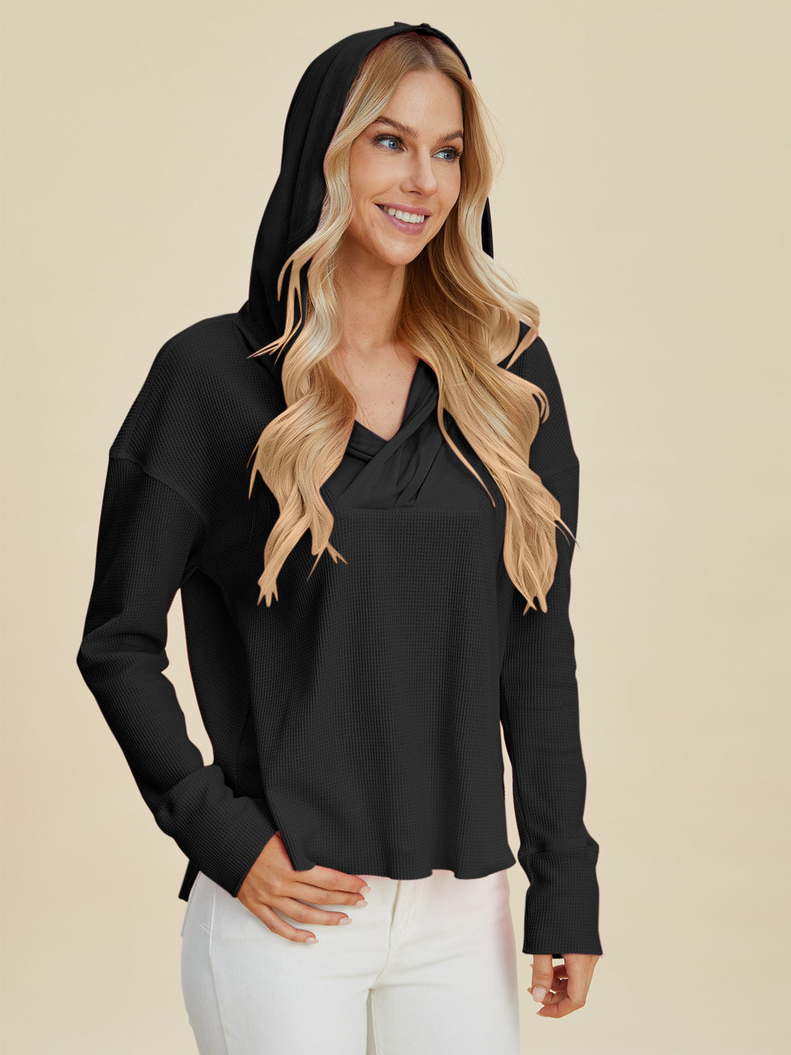 Double take full size high-low dropped shoulder long sleeve hoodie