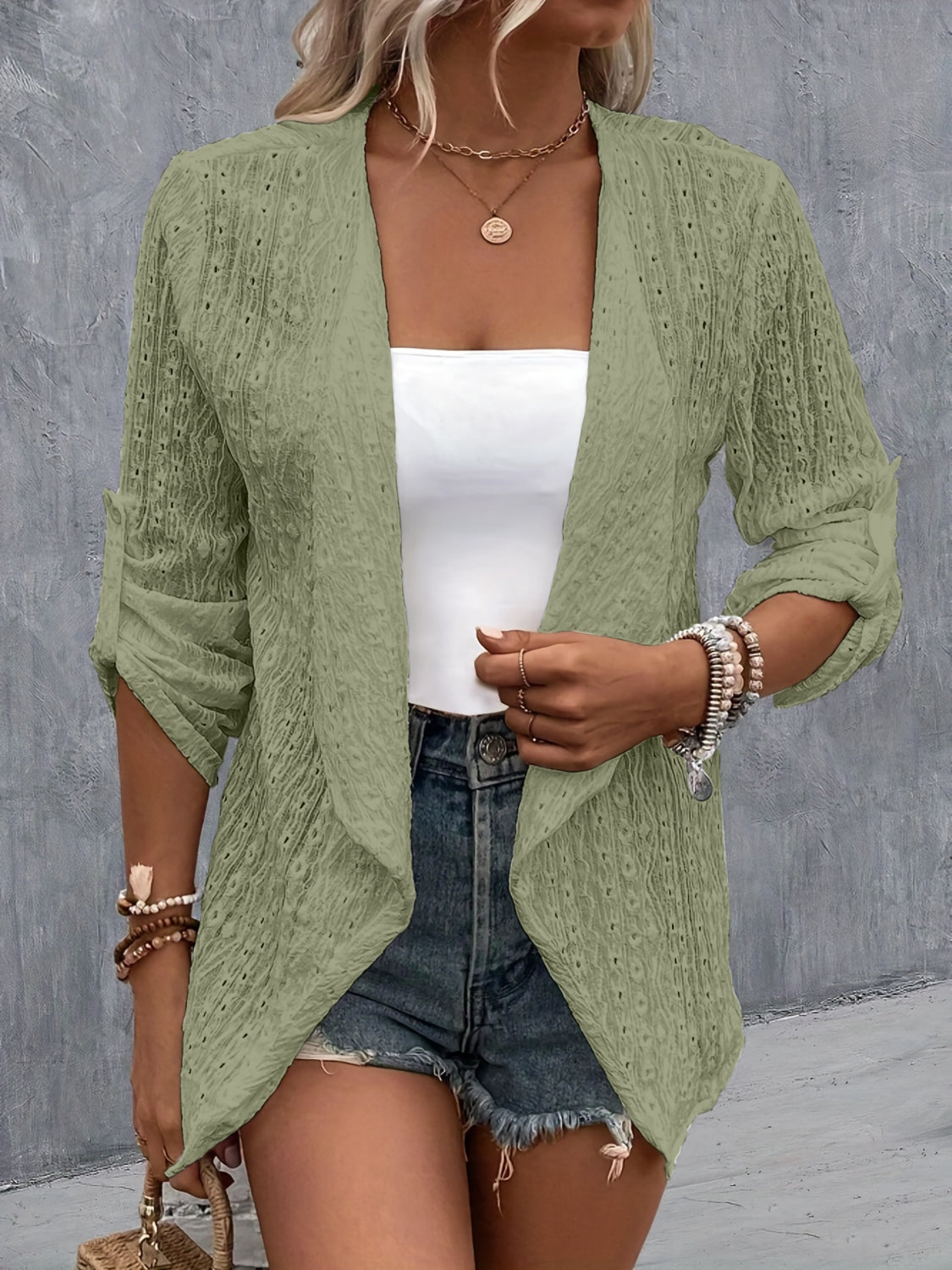 Eyelet roll-tab sleeve cardigan - sage / s