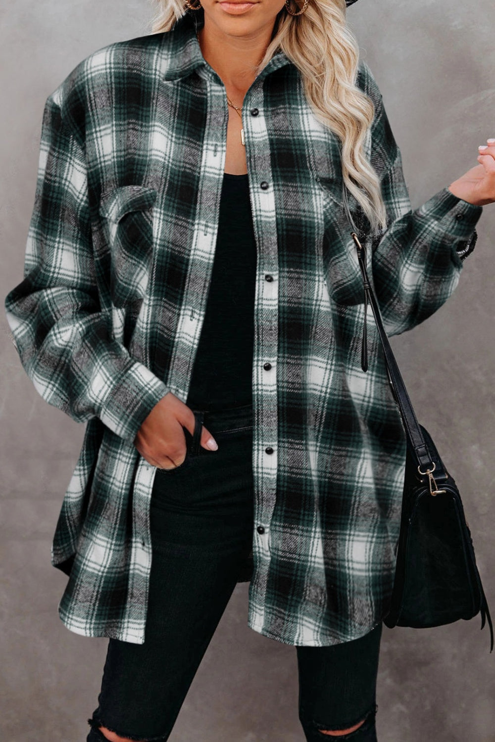 Full size plaid collared neck long sleeve shirt - dark green / s