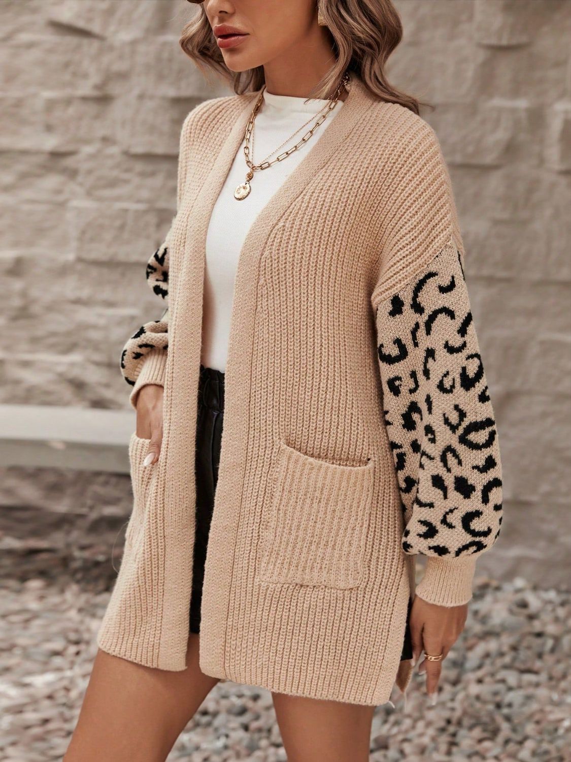 Pocketed leopard open front cardigan