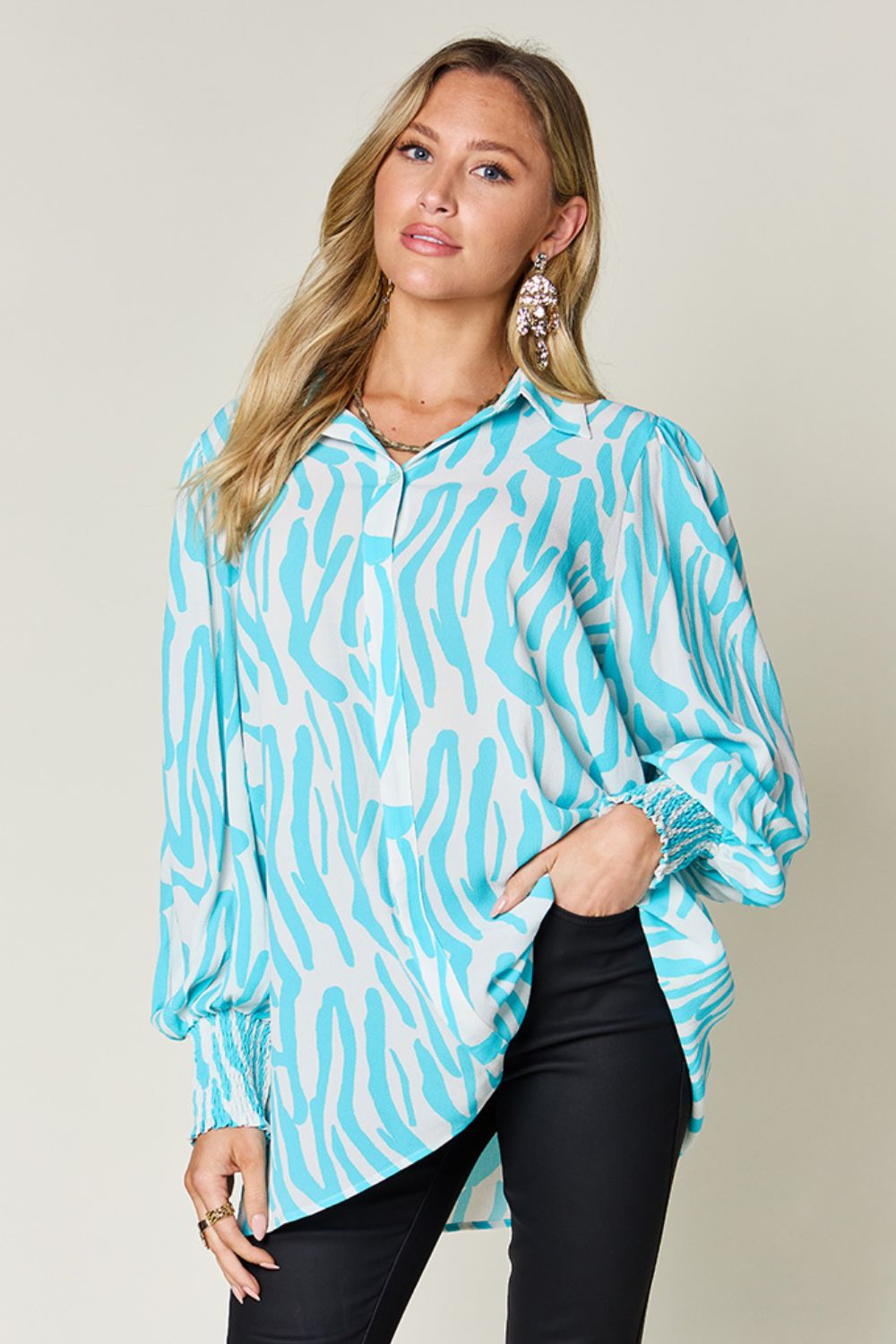 Double take full size printed smocked long sleeve blouse - tiffany blue / s