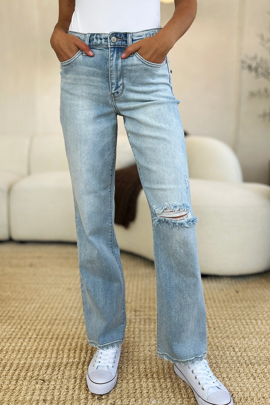 Judy blue full size high waist distressed straight jeans - light / 0(24)