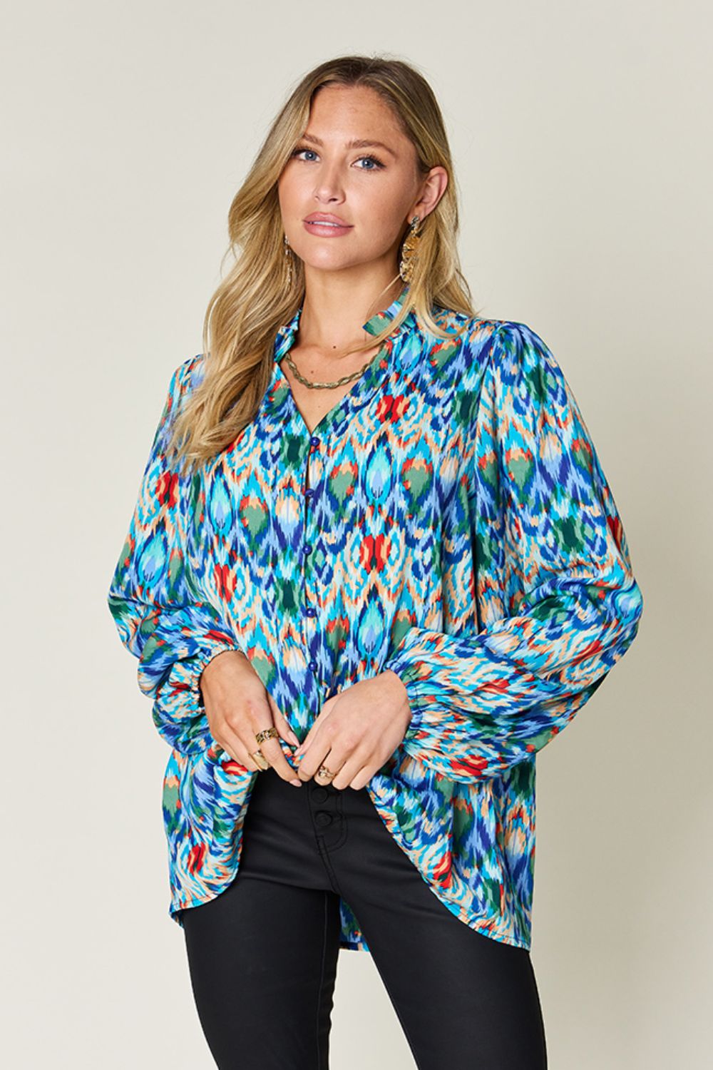 Double take full size printed balloon sleeve blouse - sky blue / s