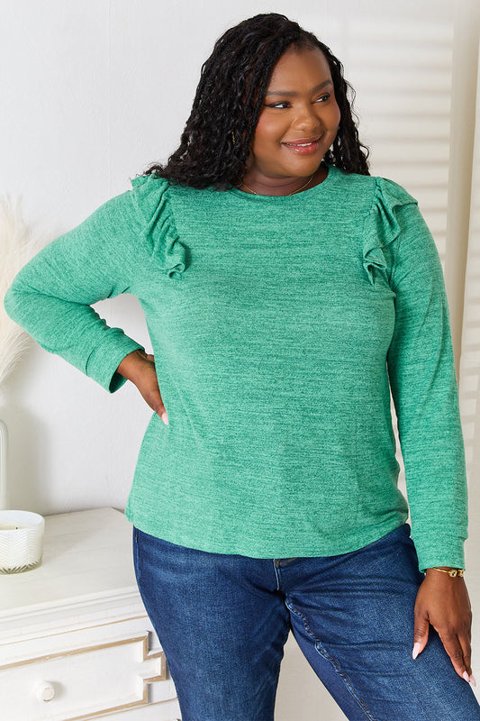 Double take ruffle shoulder long sleeve t-shirt - dark green / s