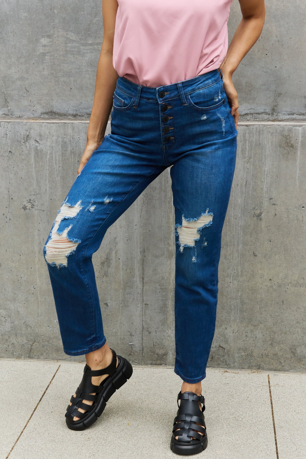 Judy blue melanie full size high waisted distressed boyfriend jeans - dark / 0(24)