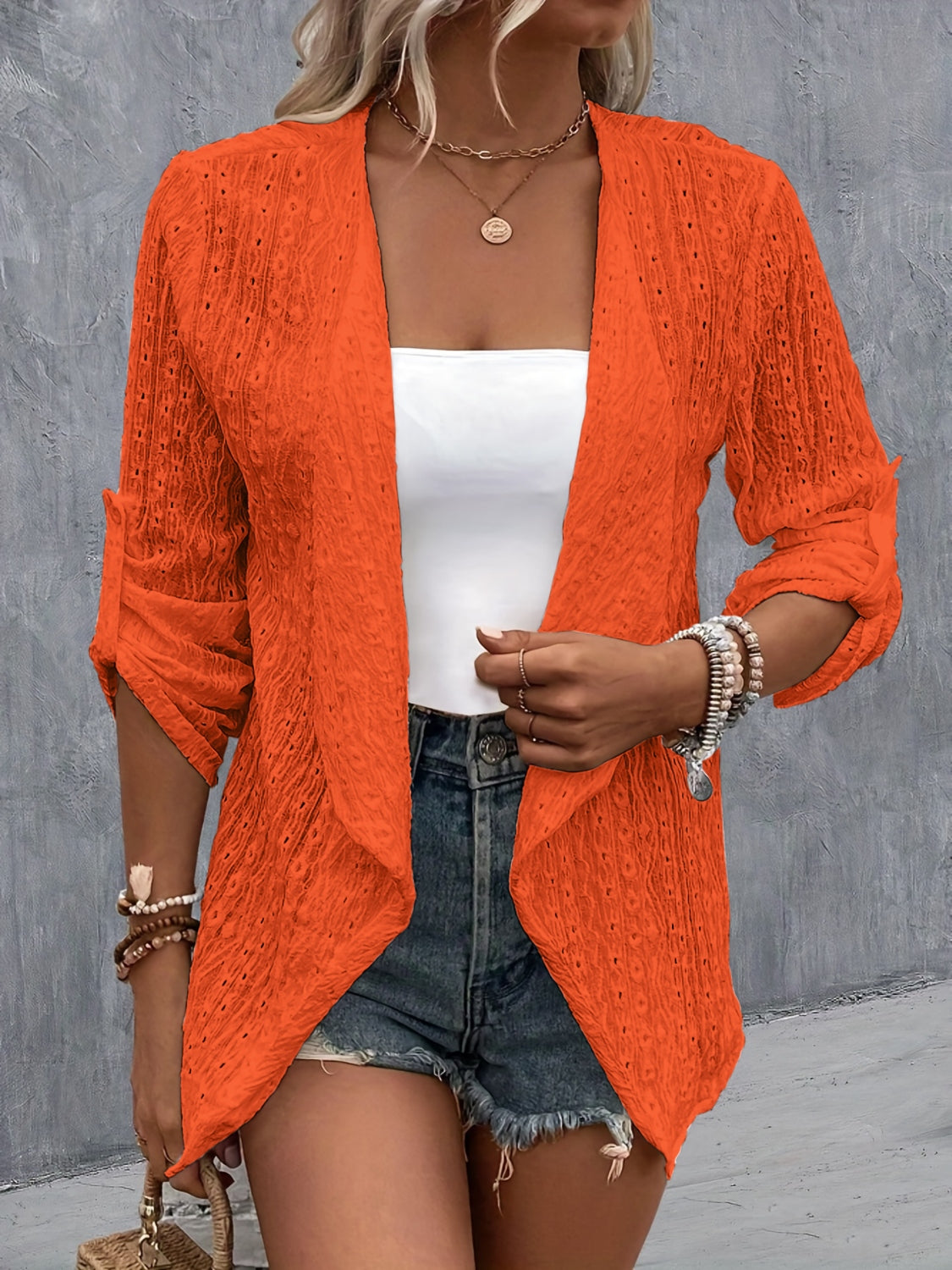 Eyelet roll-tab sleeve cardigan - orange / s