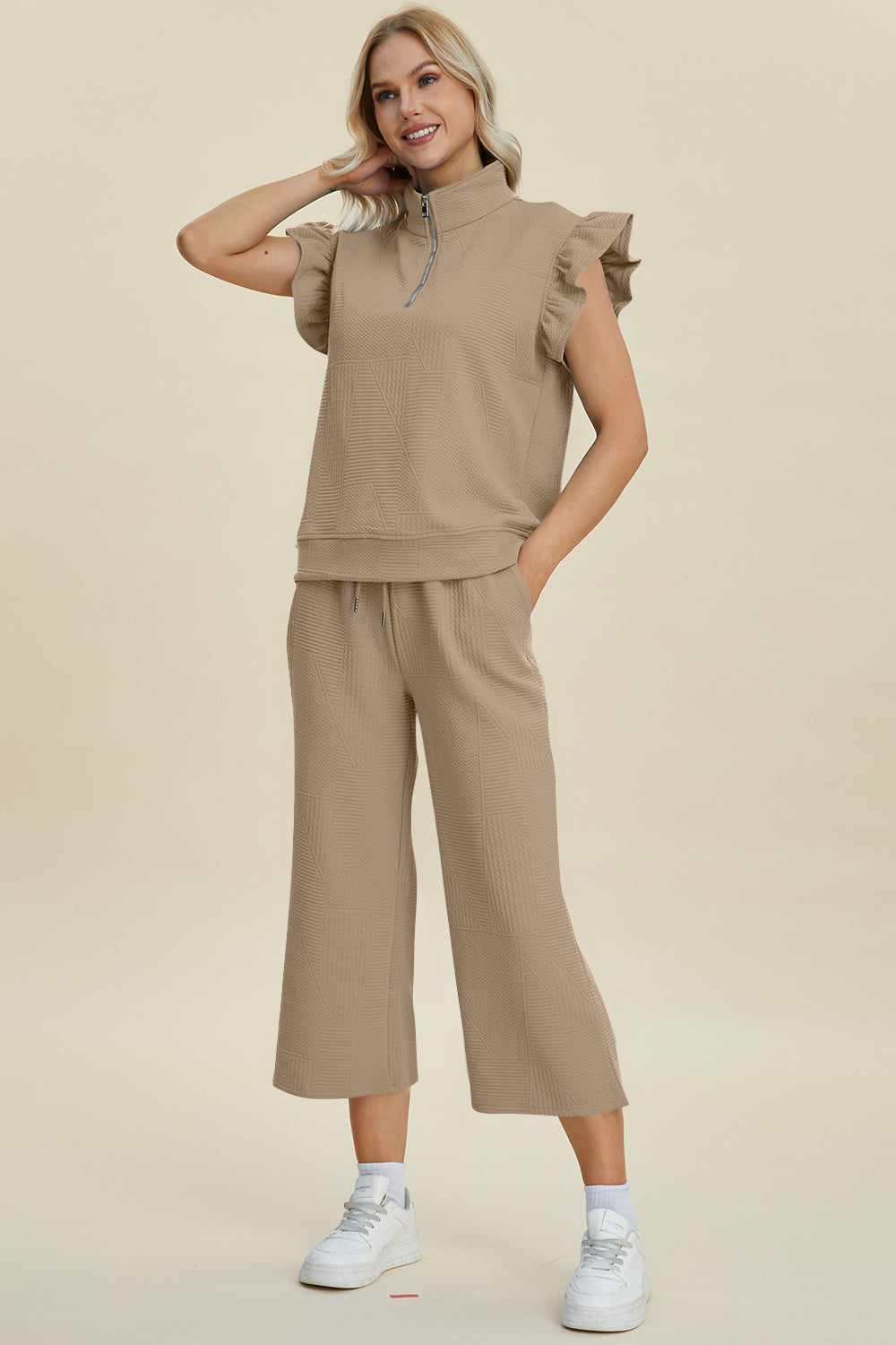 Double take full size texture ruffle short sleeve top and wide leg pants set