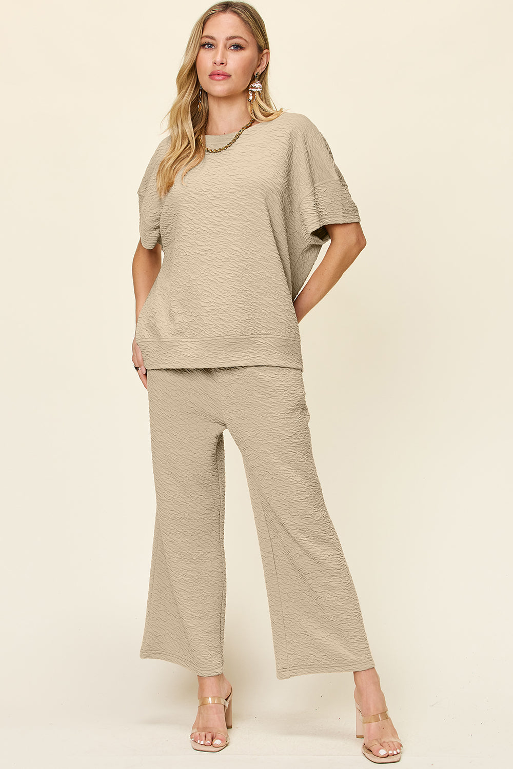 Double take full size texture short sleeve top and pants set - khaki / s